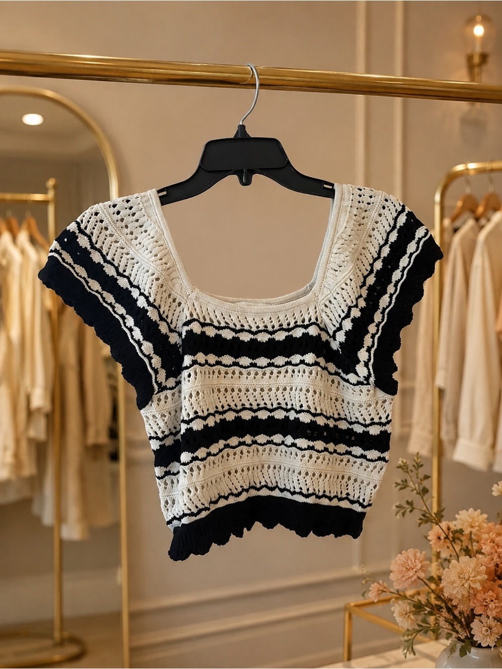 Freshman 1996 Black Cream Crochet Knit Crop Top Large L Square Neck